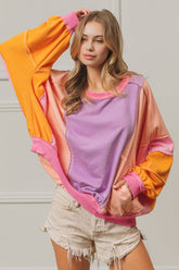 BiBi Women's Color Block Exposed Seam Sweatshirt with Pockets - Trendy & Functional